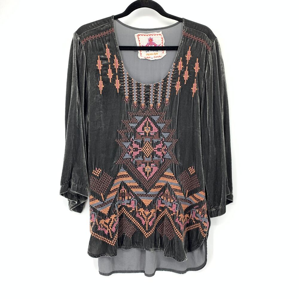 Johnny Was Velvet Boho Tunic Womens XL Scoop Neck Geometric Floral Embroidery